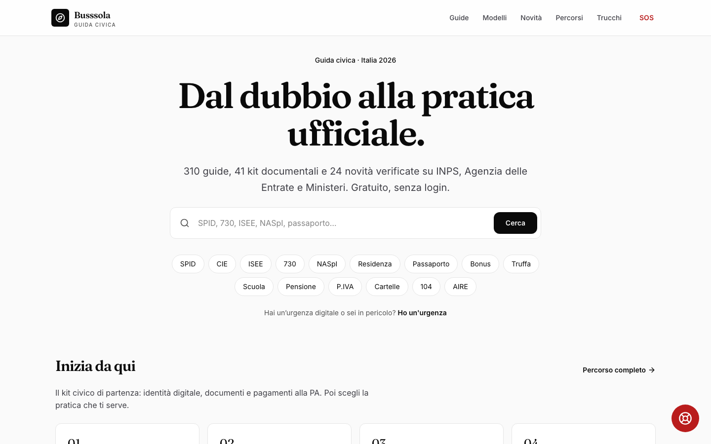 Anteprima di Busssola, guida civica gratuita con guide e modelli pratici