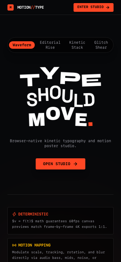 MOTION//TYPE — Vista mobile responsive con controlli touch e gesture performative